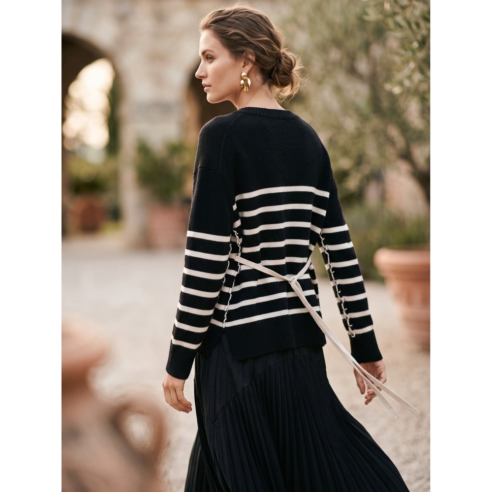 NWT Vince Striped Boxy Cashmere Crewneck Sweater Back Tie Black Ivory M $385